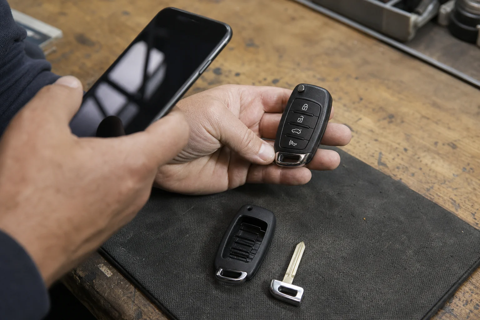 A person photographing an automotive key fob from several angles before opening it.