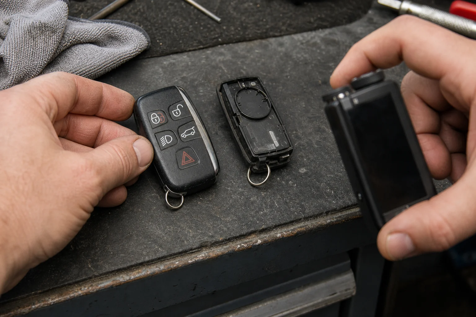 Hands photographing both sides of a worn automotive key on a workshop surface.