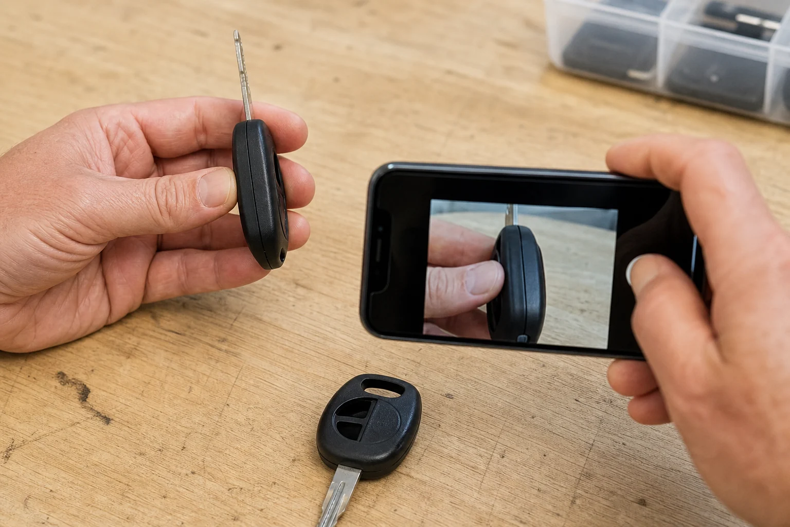 Hands photographing the sides and edges of an automotive remote key