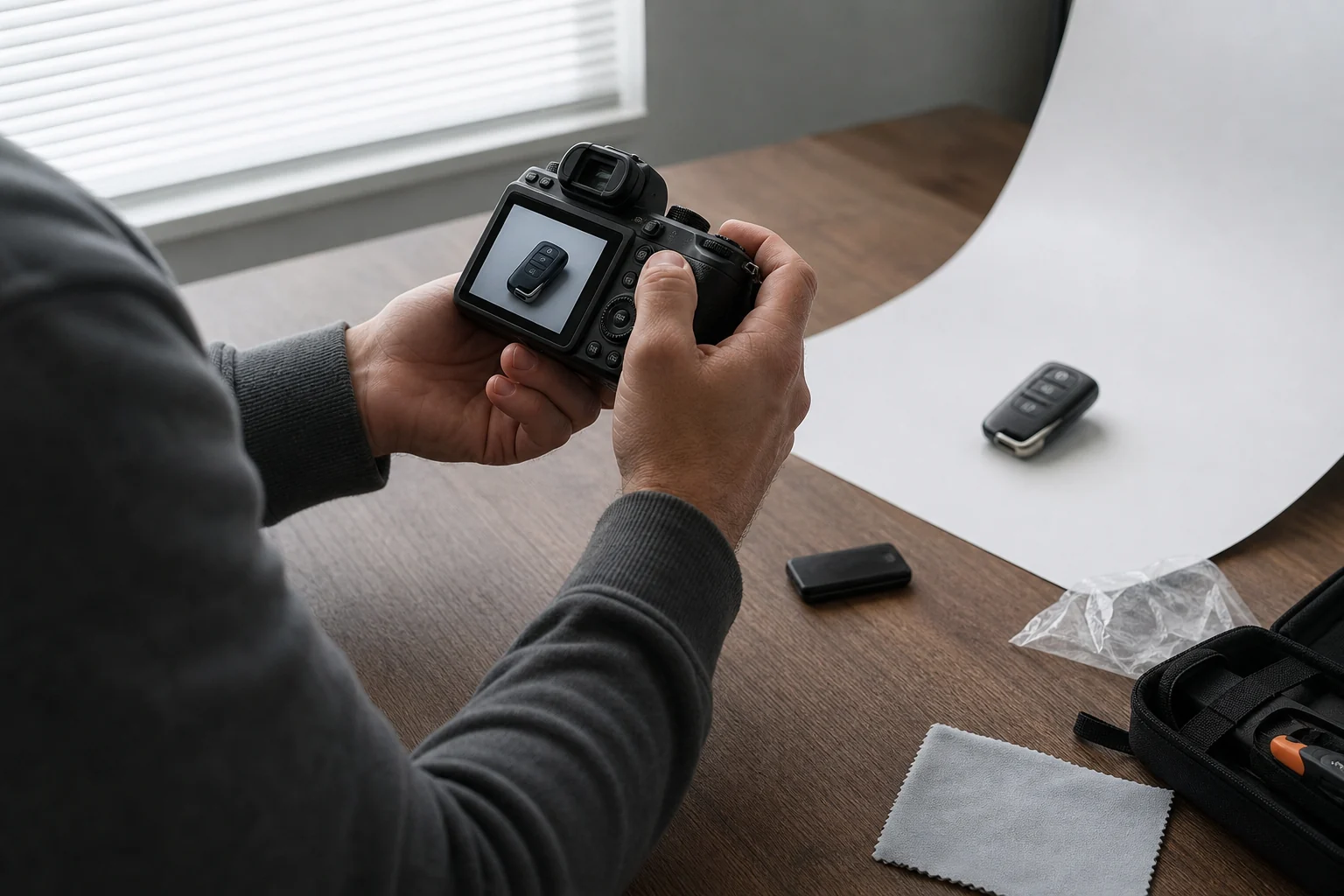 Person photographing an automotive remote key from different angles