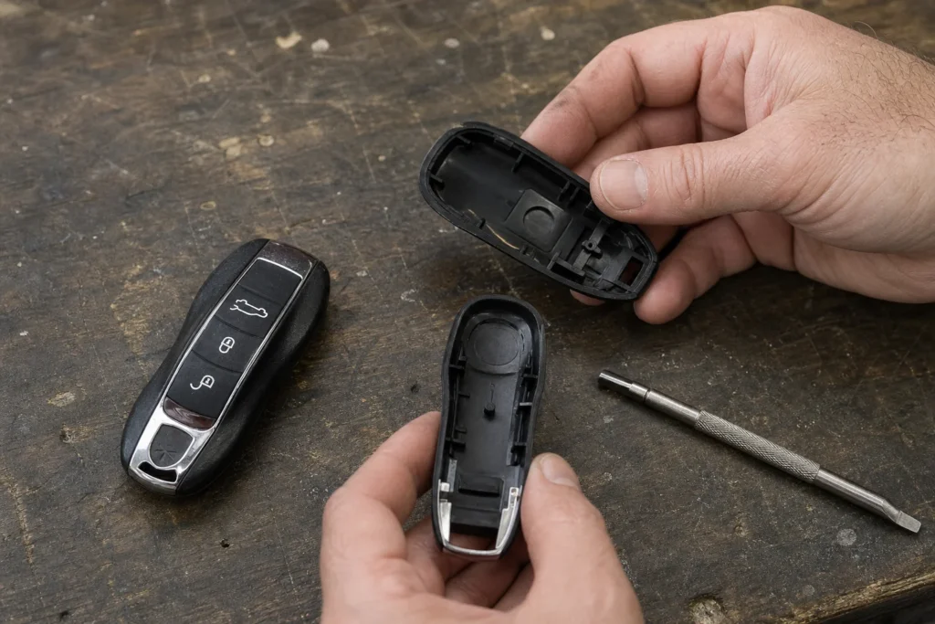 Hands comparing an automotive key fob with a replacement casing on a workbench