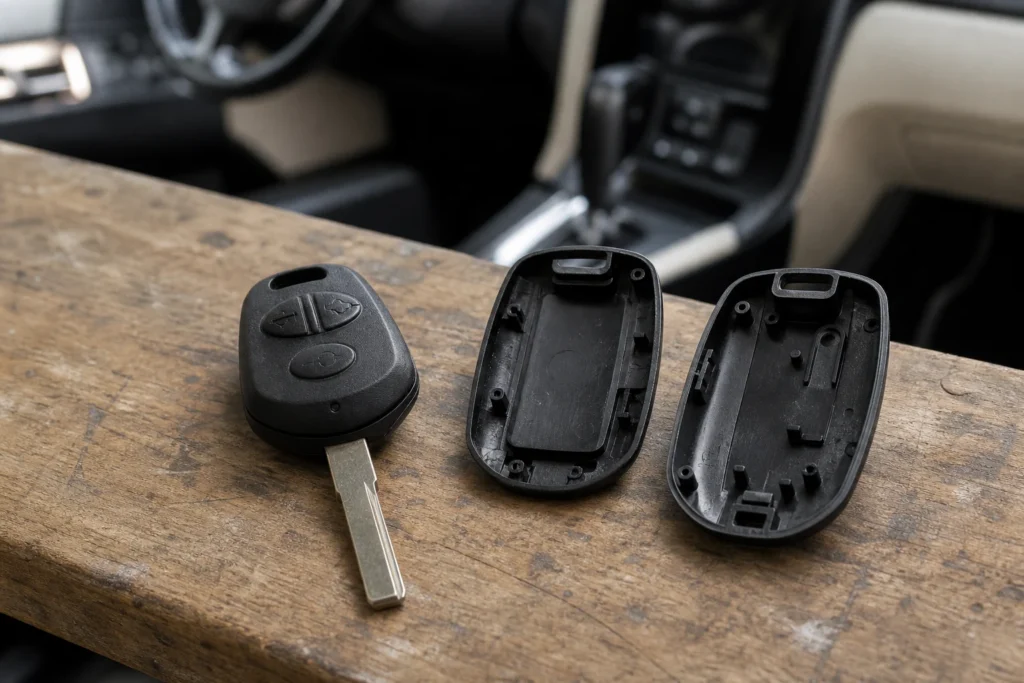 Automotive remote key and replacement casing on a workshop bench