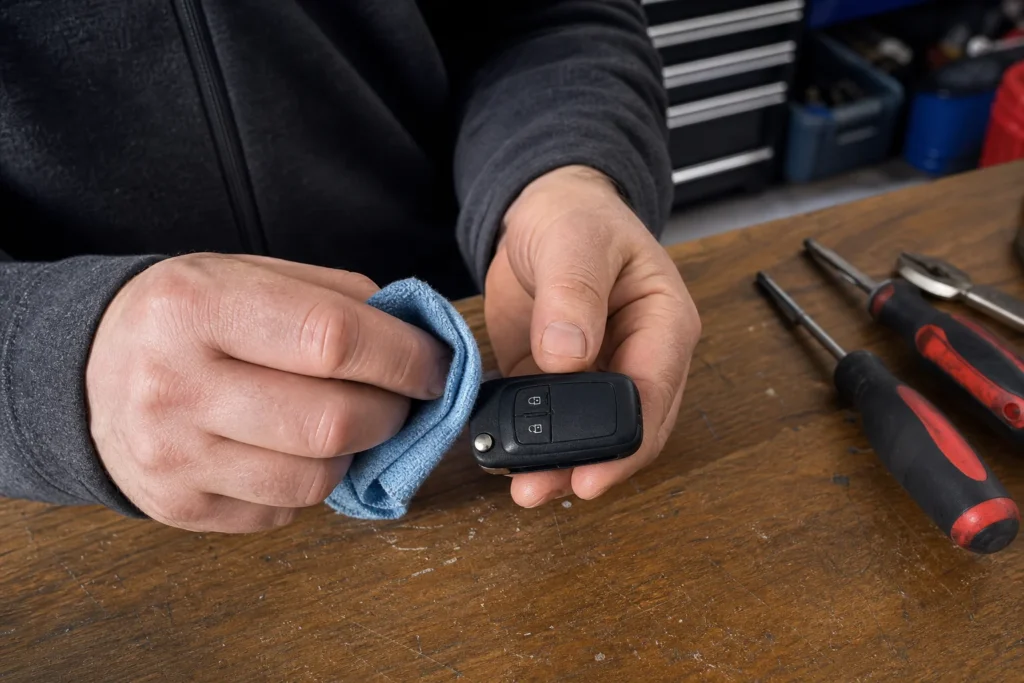 Automotive owner comparing a worn vehicle key casing with a replacement shell at a workbench.