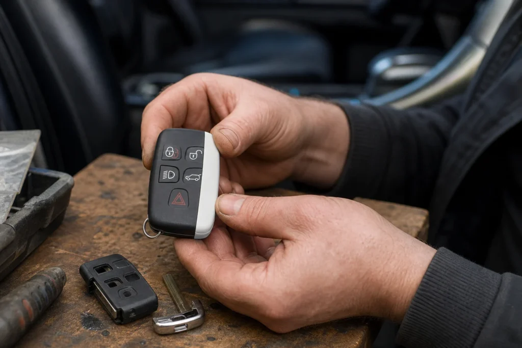 Car owner inspecting an automotive key housing beside an original key on a workbench.