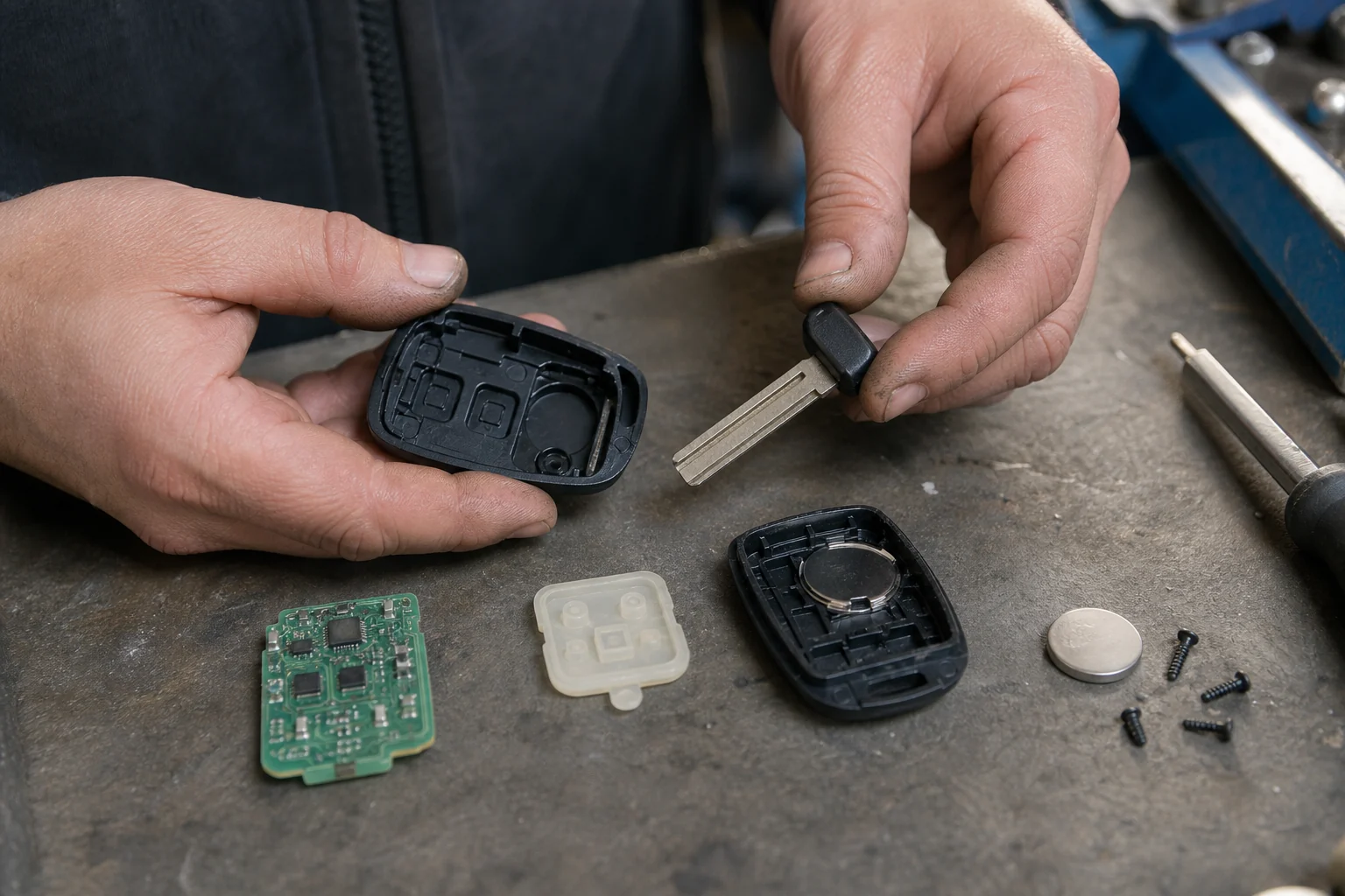 Technician comparing a remote housing with its retained internal components