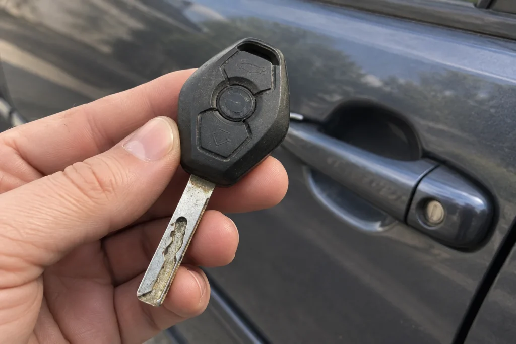 A hand holds a worn remote key beside a car door.