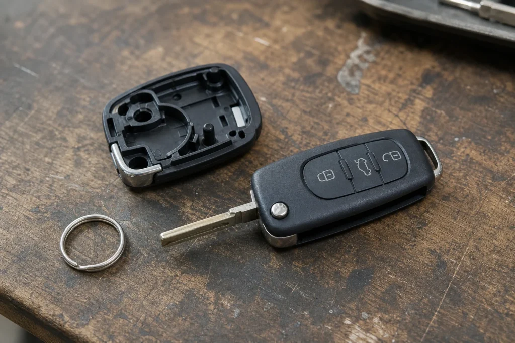 Unbranded automotive remote key and replacement housing on a workbench