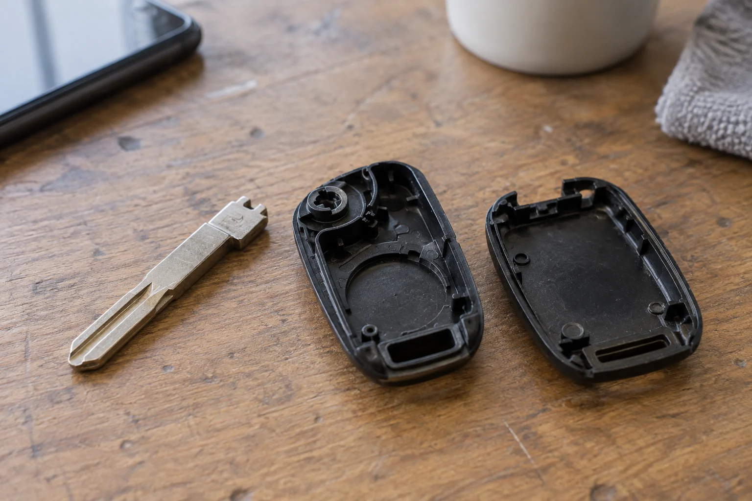 Separate metal key blade beside an empty automotive key fob housing
