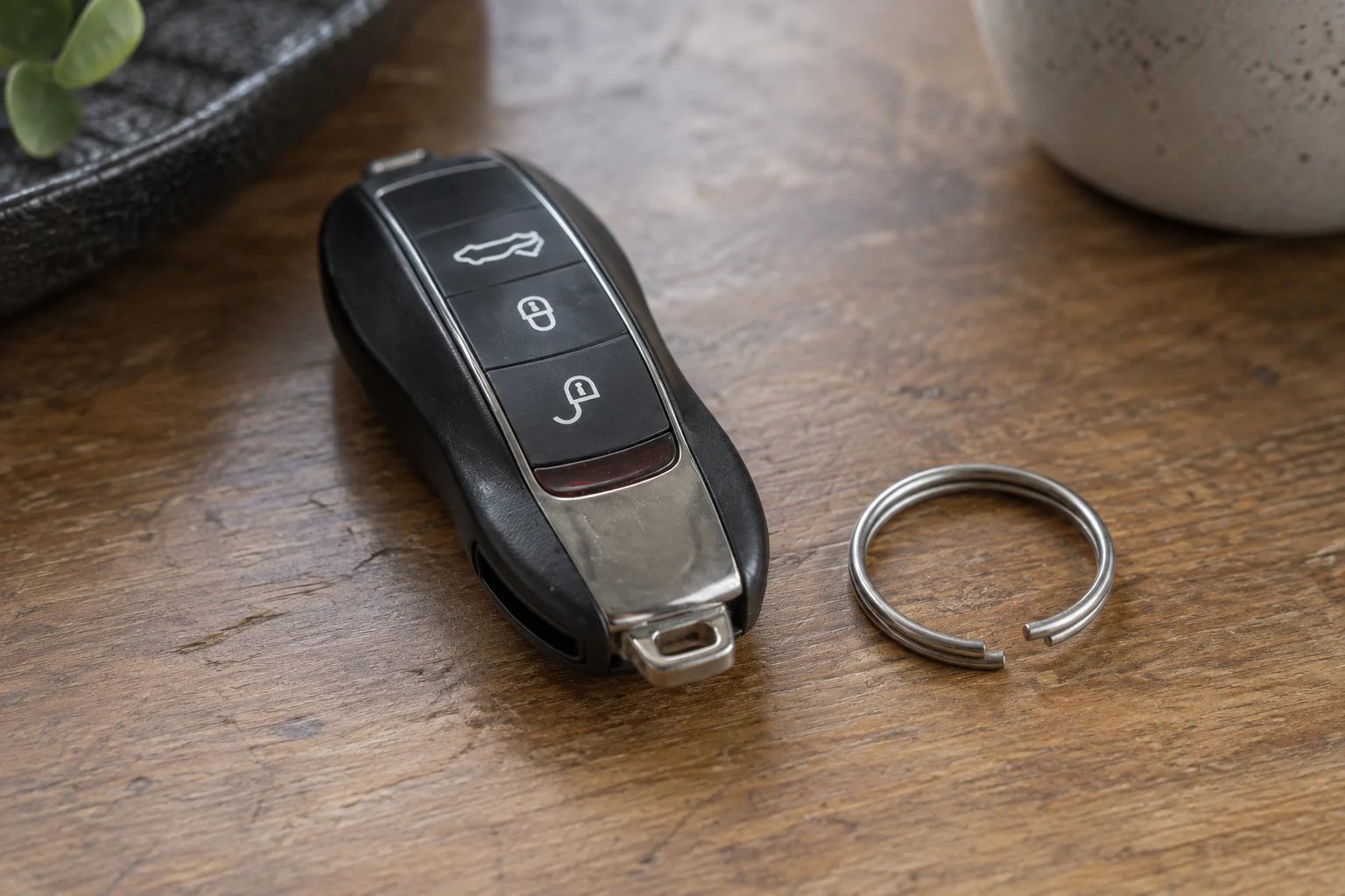 Opened metal key ring beside a car key fob with an intact attachment point.