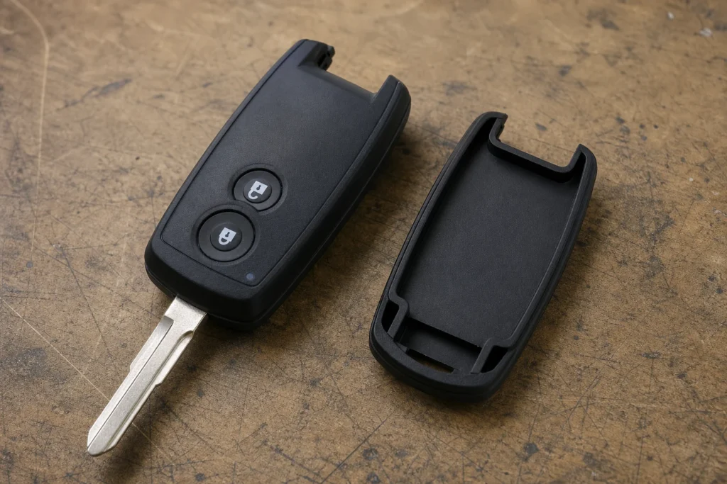 Original automotive remote fob beside a replacement key housing on a workbench