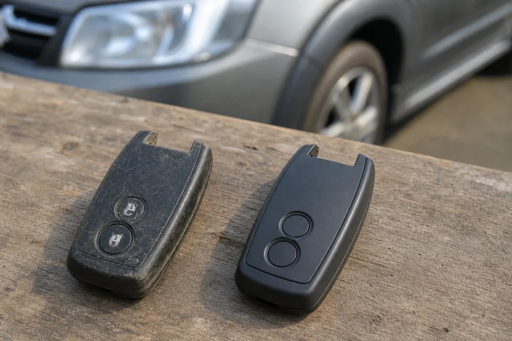 Worn automotive remote key housing beside a replacement housing on a workbench