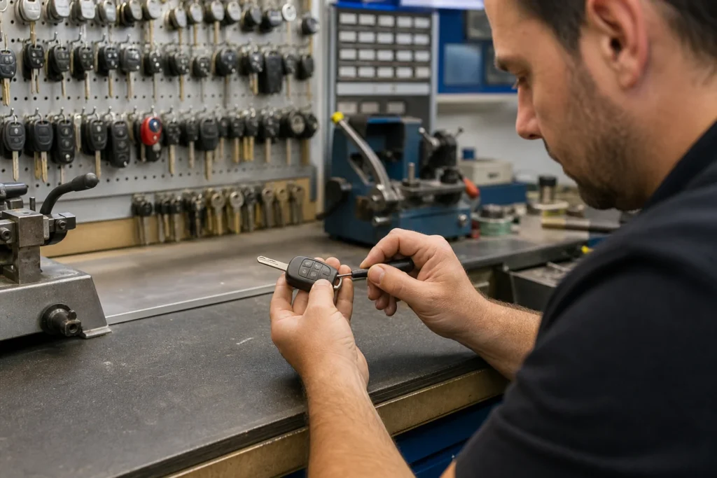 Worn automotive remote key housing beside a replacement casing on a workbench