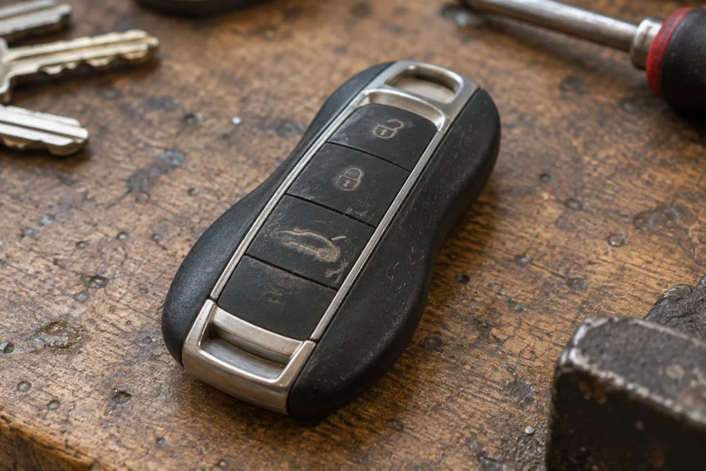 Worn three-button car key fob resting on a workbench