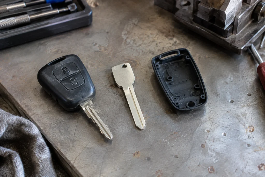 A worn car key, uncut blade and empty key housing on a locksmith’s workbench.