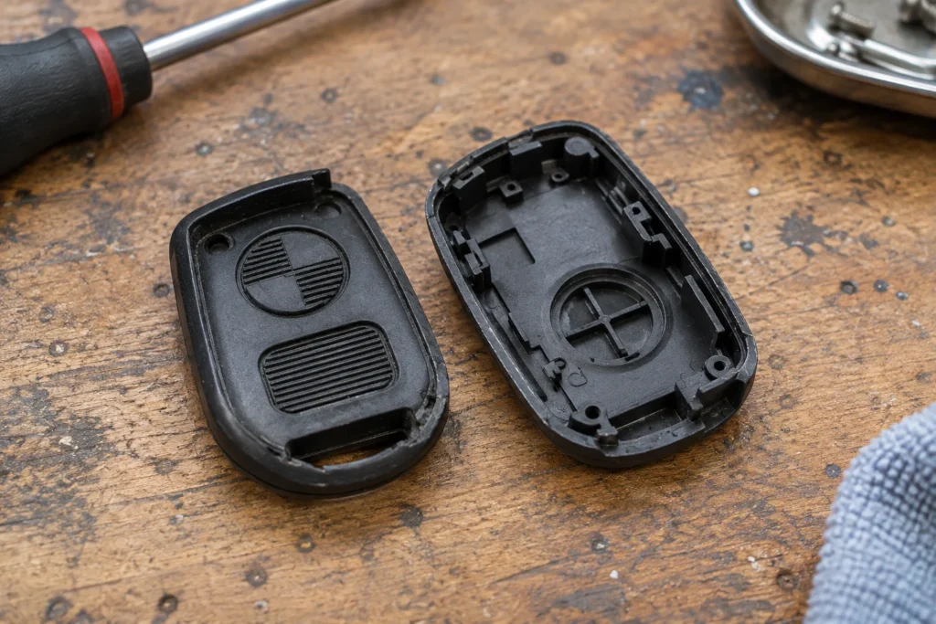 Two halves of an opened automotive key fob housing on a workbench.