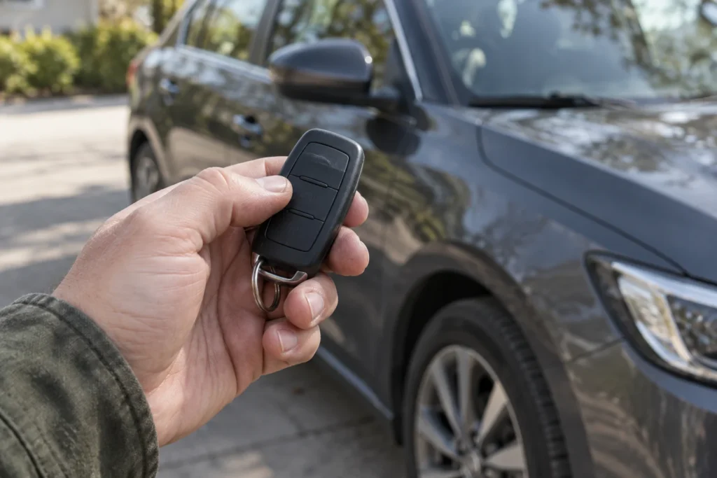 A person inspects an automotive key fob beside a parked car.