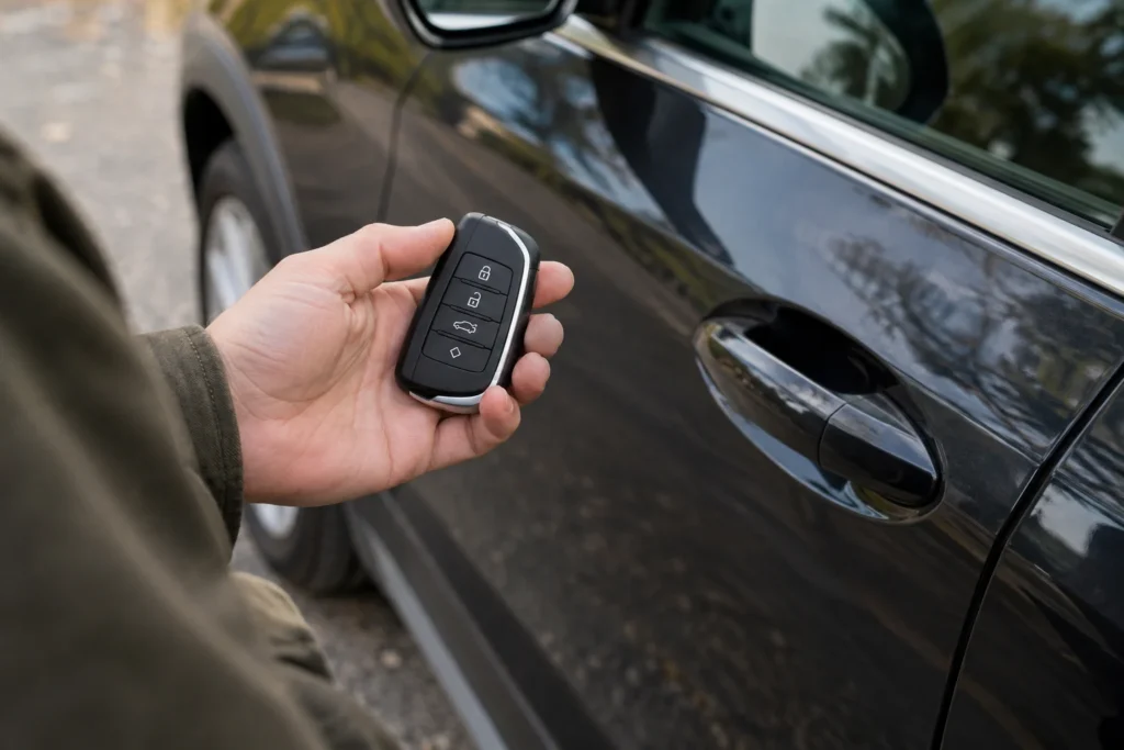 A person inspecting an automotive remote fob beside a car door