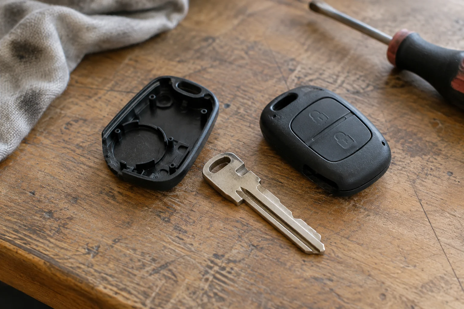 A disassembled car key with its metal blade laid beside the housing.