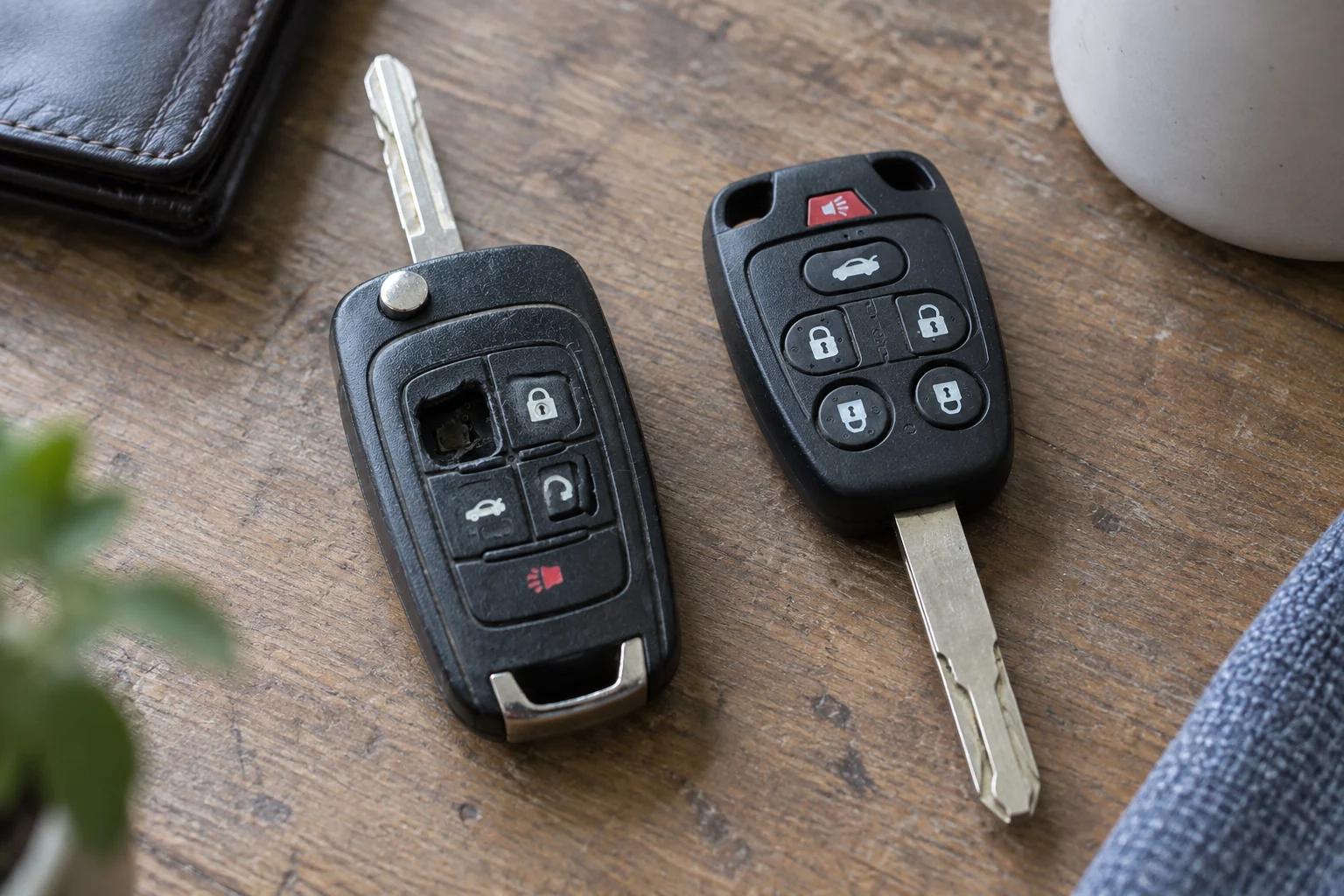 Two car key fob housings with different button layouts sit side by side.