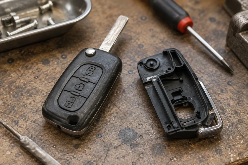 A worn car key fob beside an empty replacement casing on a workbench.