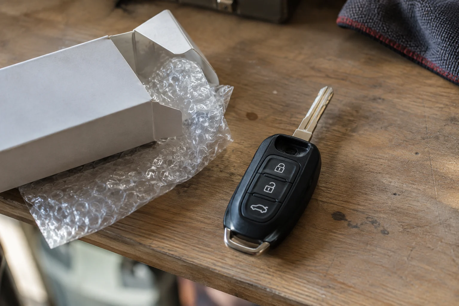 Empty three-button car key housing beside opened packaging.