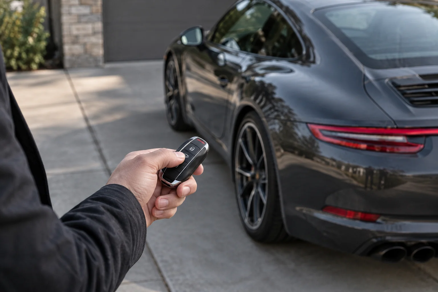 A person presses a button on a closed key fob beside a parked car.