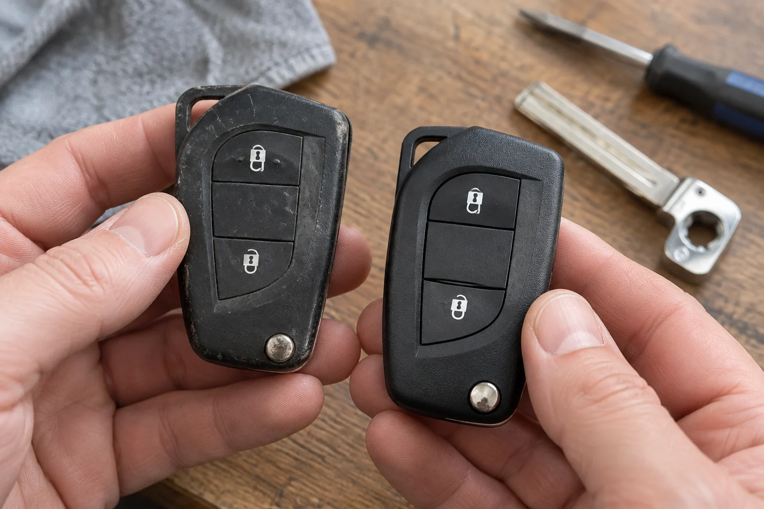 A person compares the outer shapes of a worn car key casing and a replacement casing.