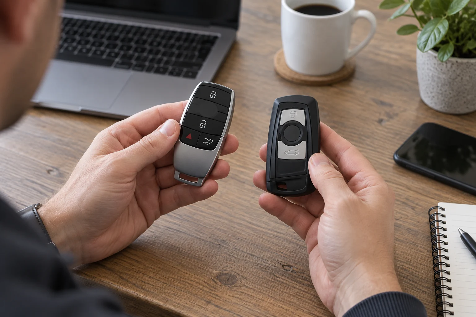 A person comparing two different automotive remote fobs on a desk