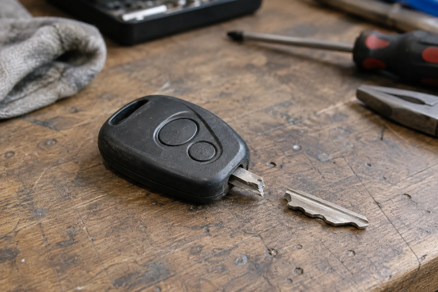 A damaged car key and its detached blade fragment on a workbench.