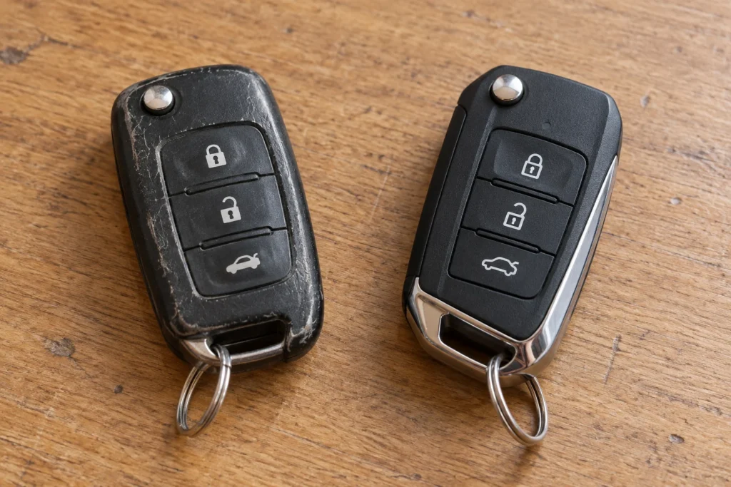Two different automotive key fobs side by side on a tabletop, one with a worn case.
