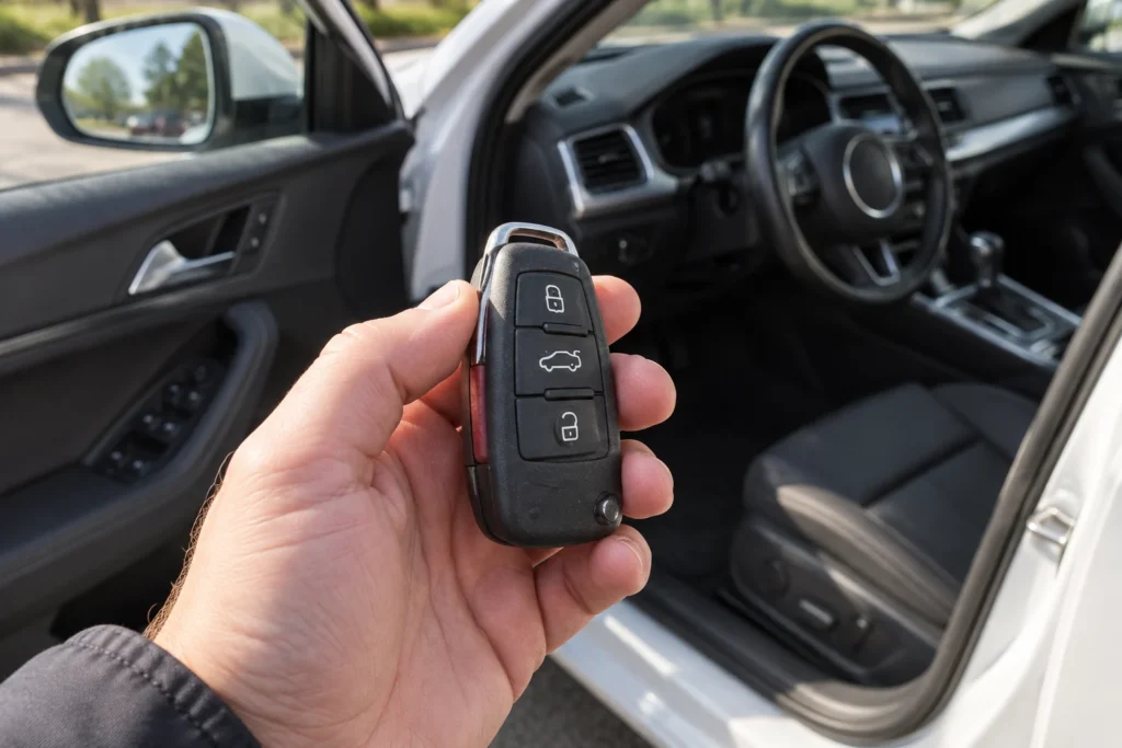 Driver holding a worn car key fob beside an open car door.