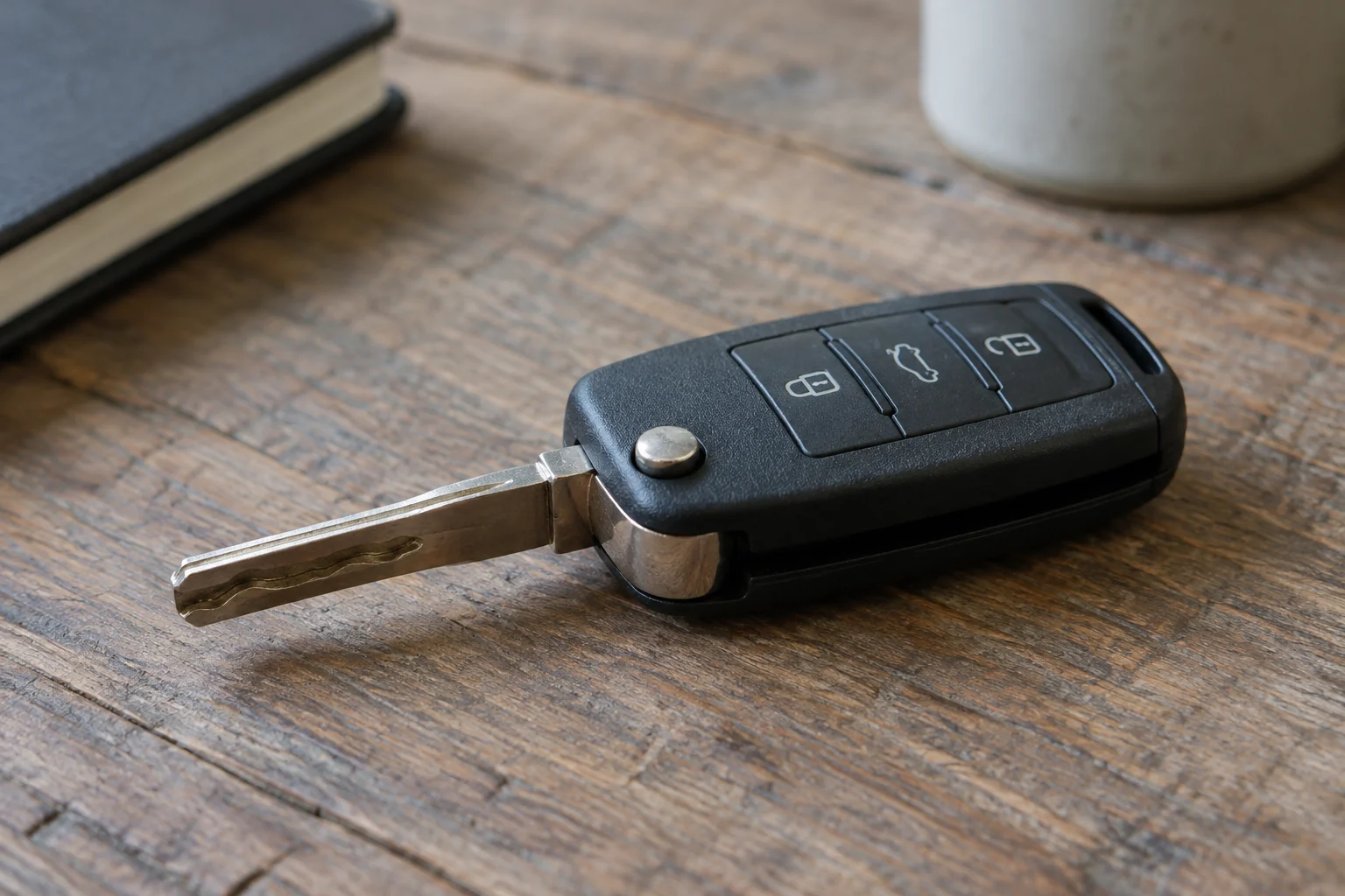 An extended folding car key shows where its metal blade joins the housing.