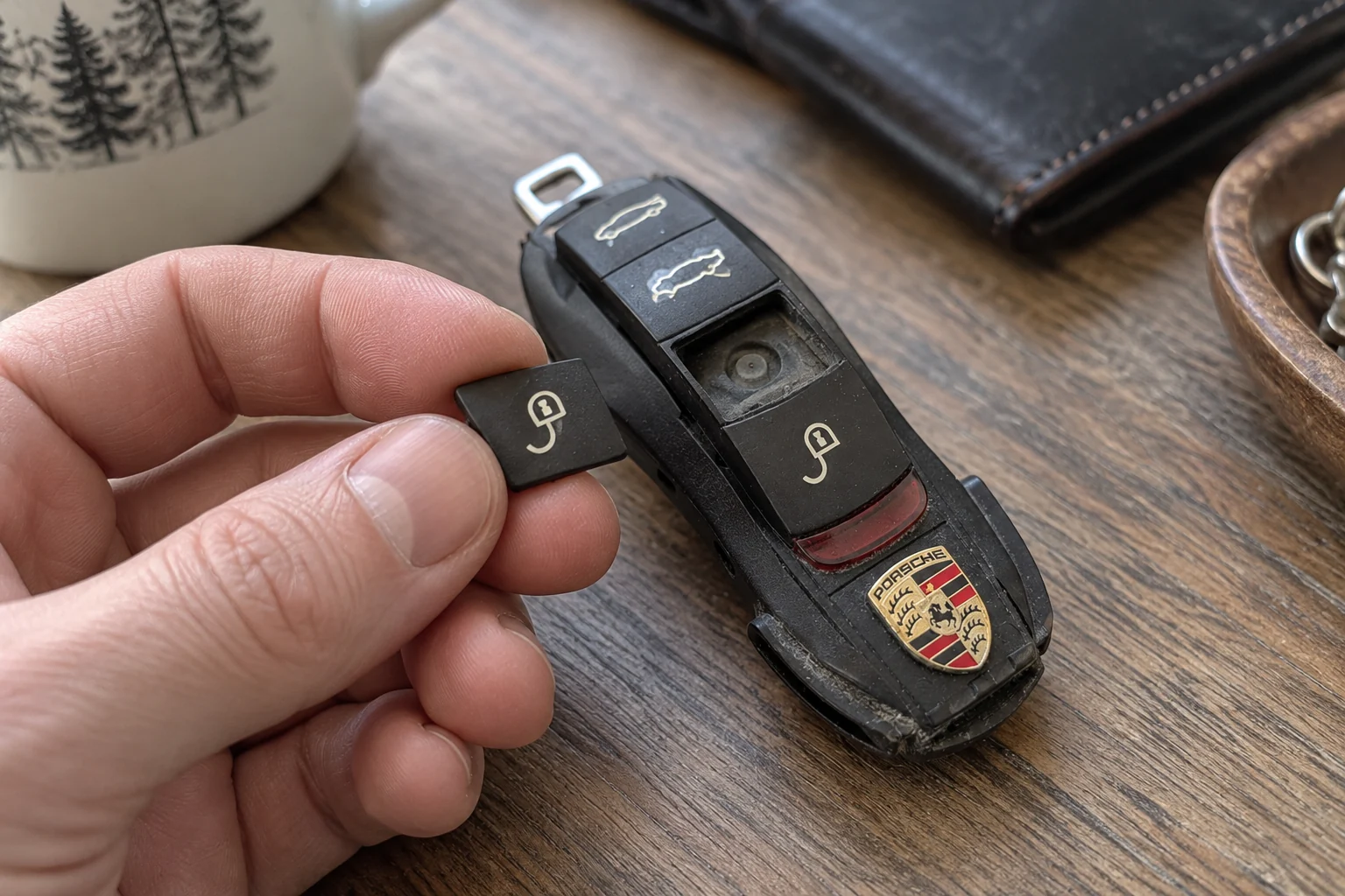 Hand holding a loose button piece beside its original car remote