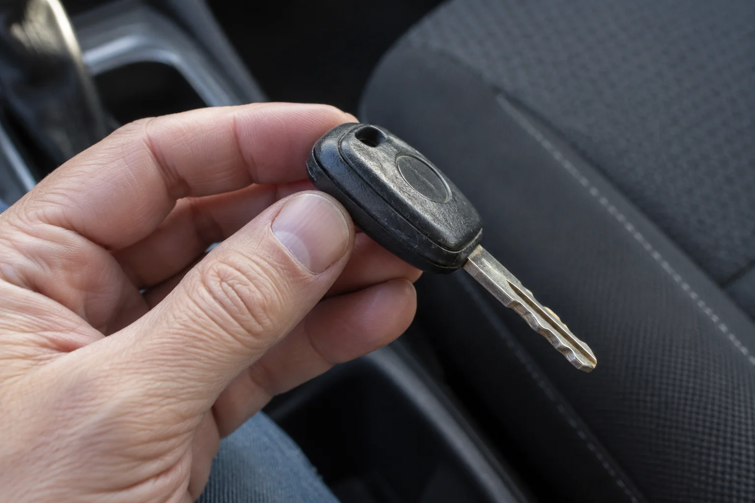 A hand turns a worn car key fob to inspect the contour and seam of its case.