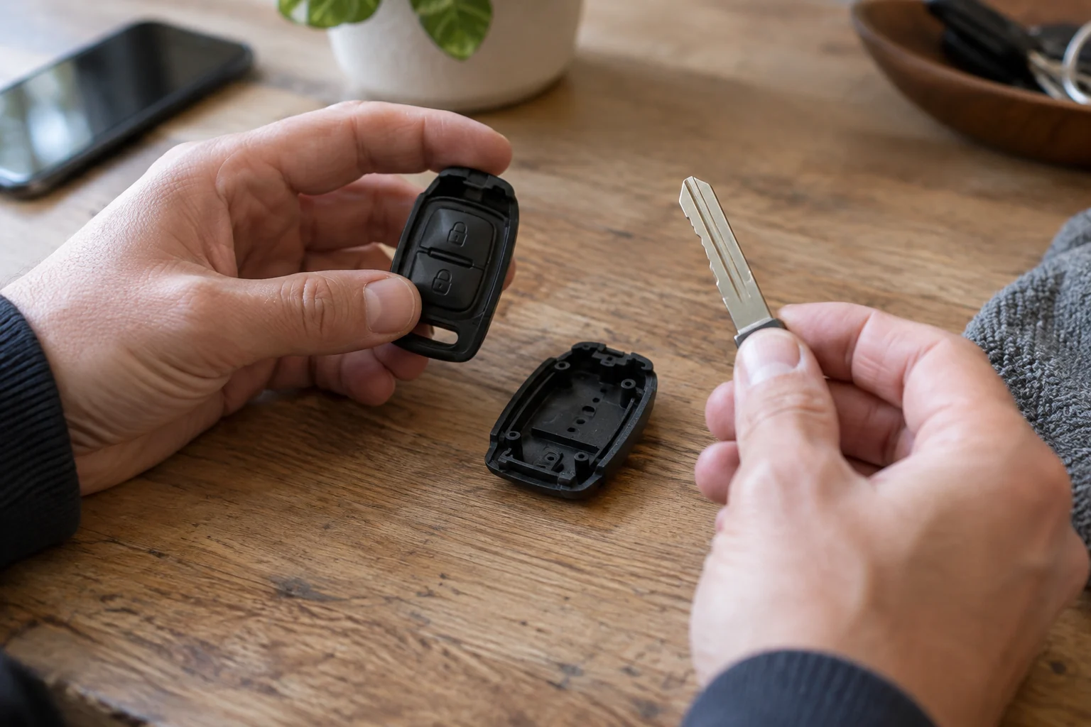 Hands examining a loose key blank beside an open key housing.