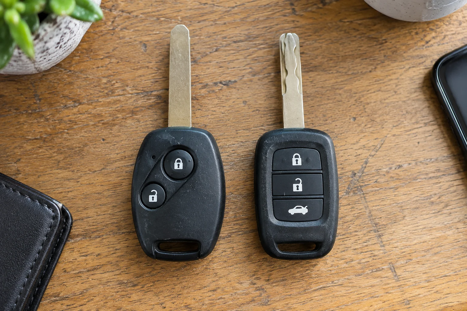 Two automotive key cases viewed from above, showing their exterior shapes and button layouts.