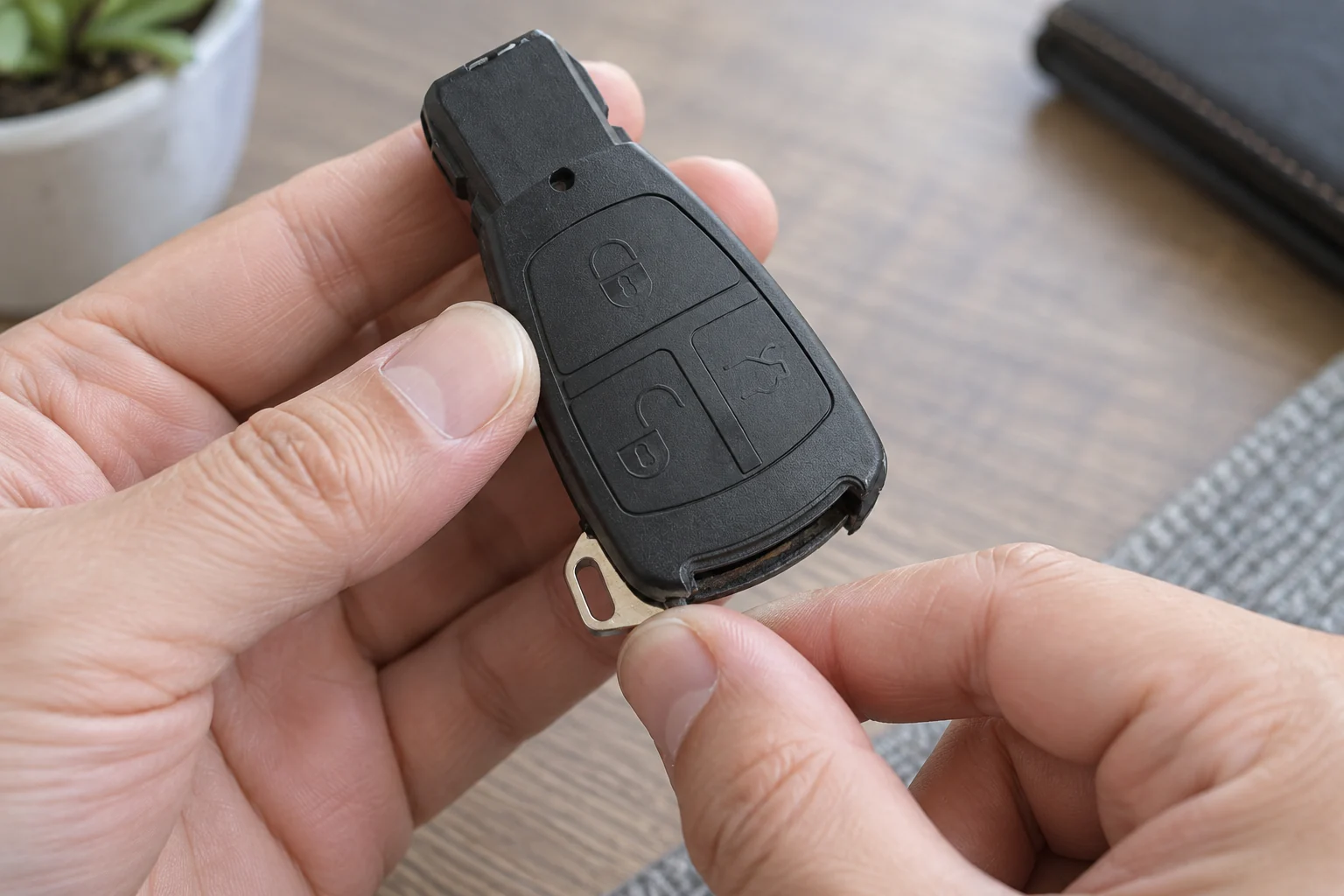 A hand gently checks that a removable metal blade stays seated in a key fob.