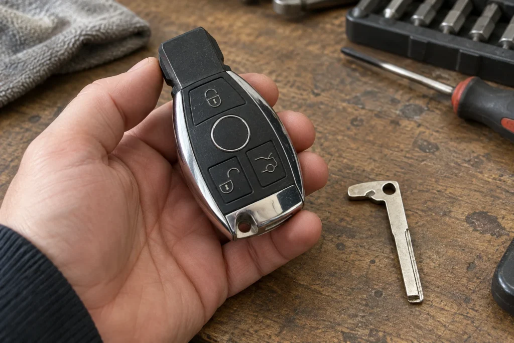 A person examines an automotive key fob beside its removable metal blade.