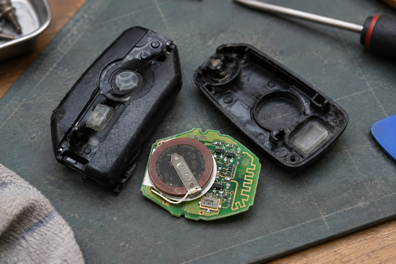 A key fob circuit board rests beside its opened housing on a repair mat.