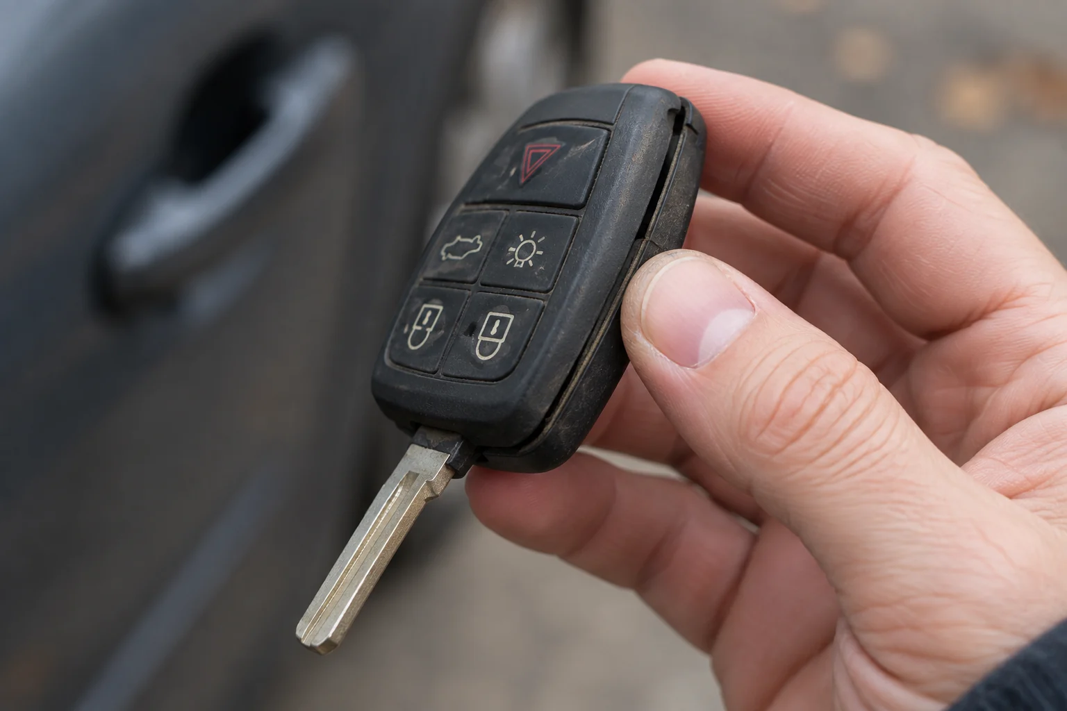 Hand turning a worn car key fob to inspect its buttons and case seam.
