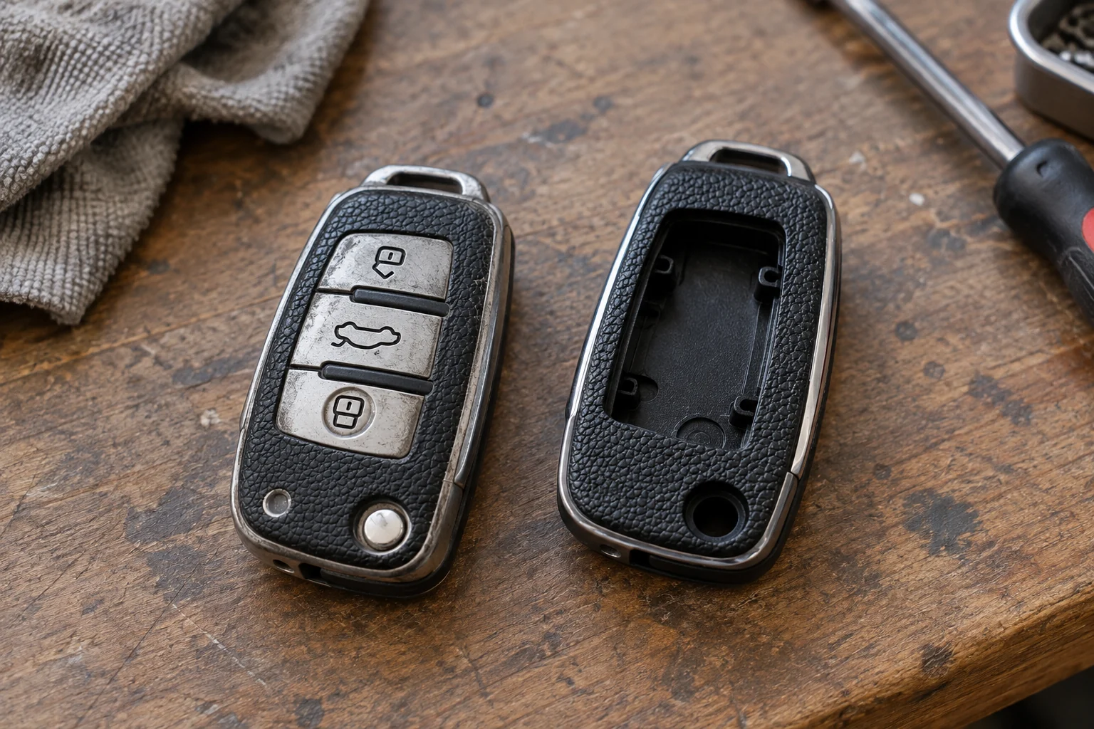 Used car key fob beside a replacement housing on a workbench.