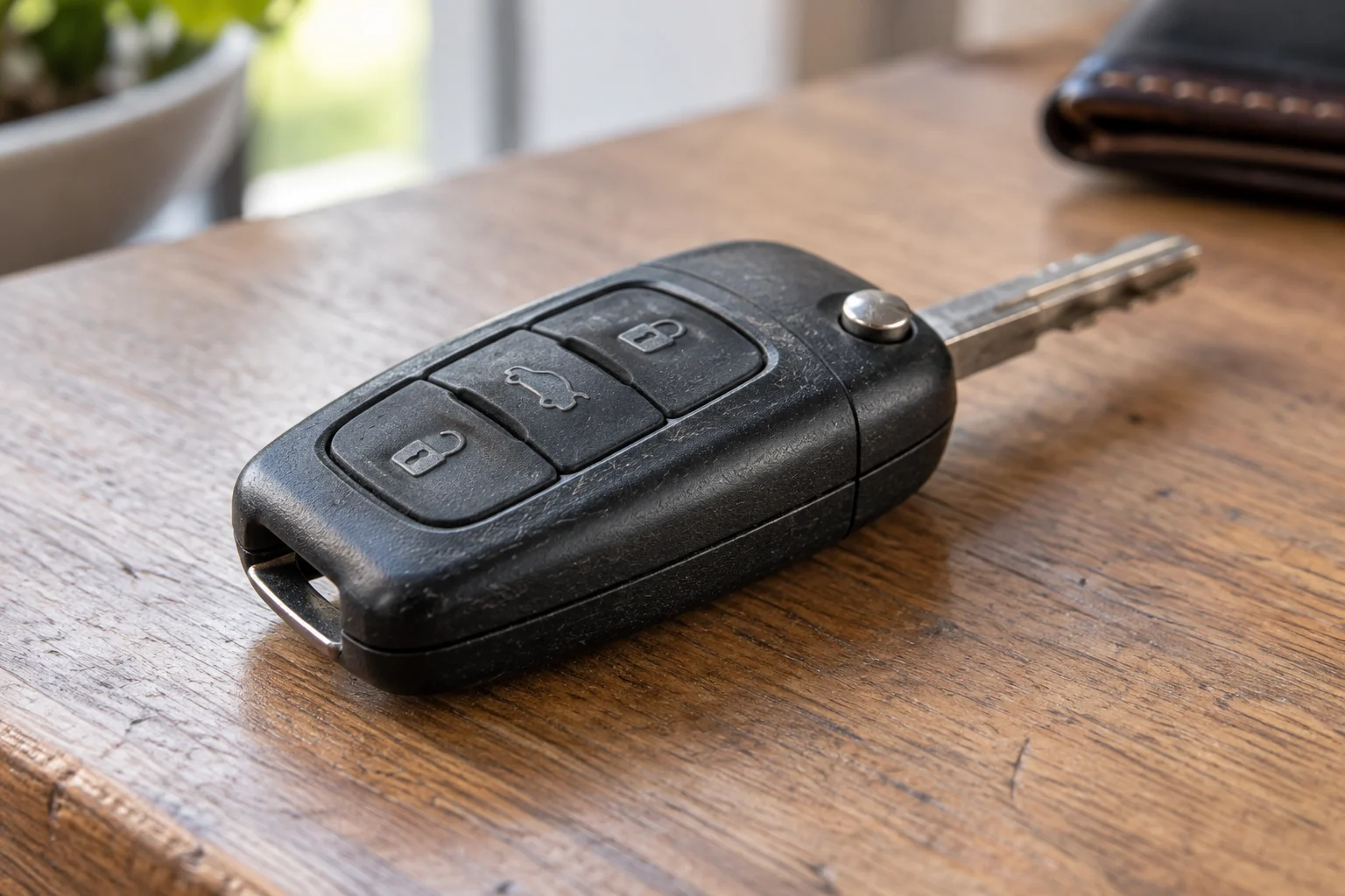 An automotive key fob rests at an angle, showing its button side and housing seam.