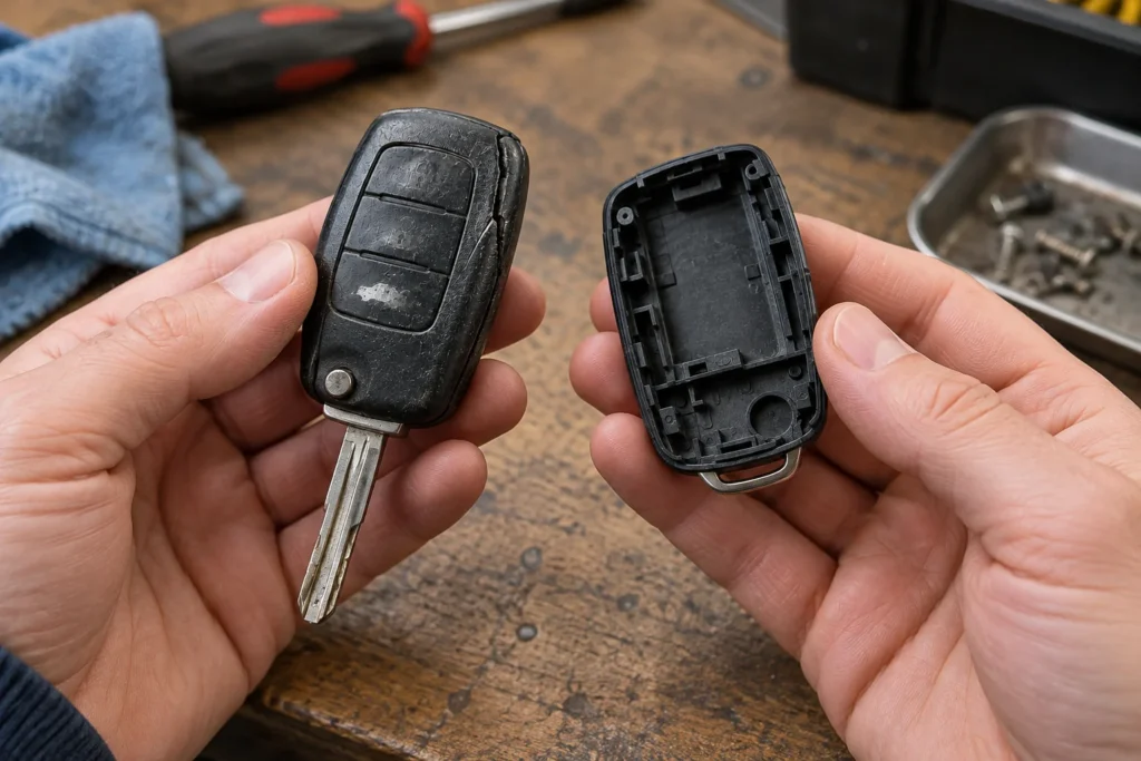 Hands comparing an empty key fob housing with a worn original fob.