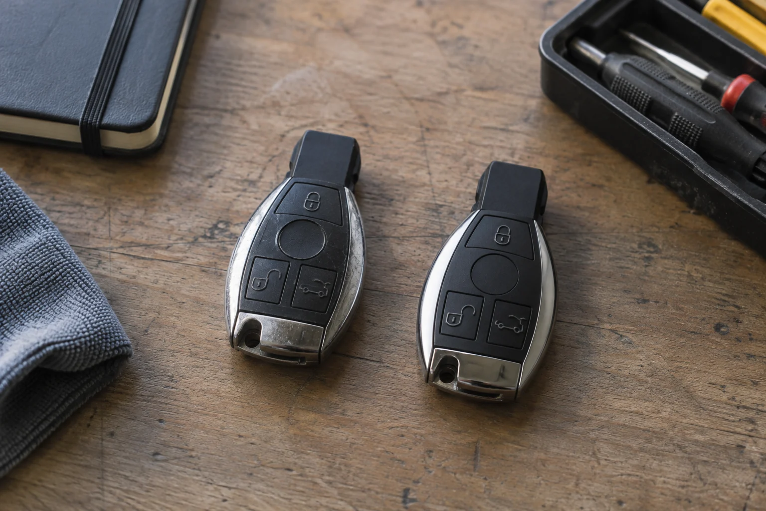 An original key fob and a replacement housing sit side by side for comparison.