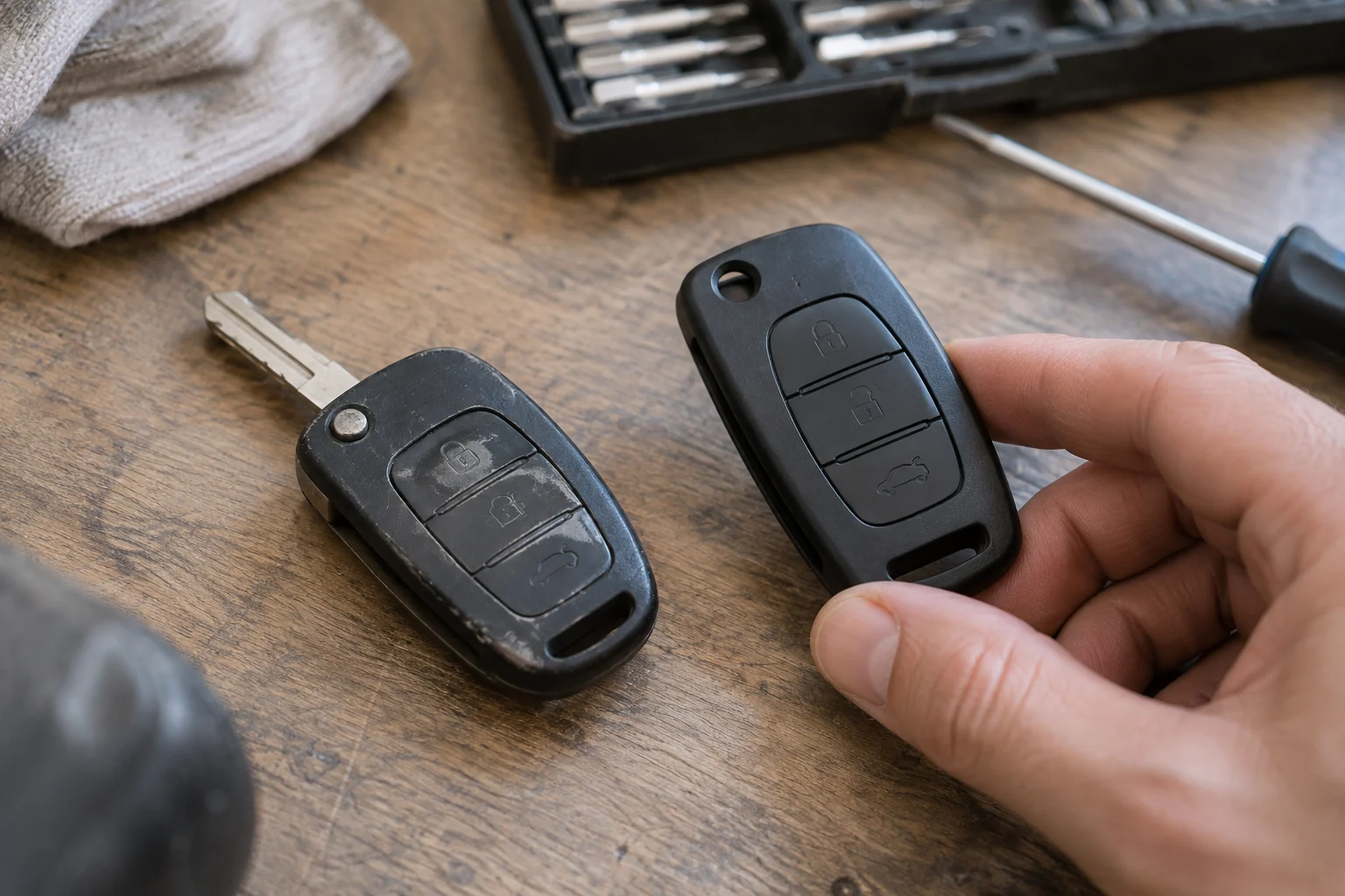 Worn key fob beside a loose replacement cover being checked for shape and button layout.
