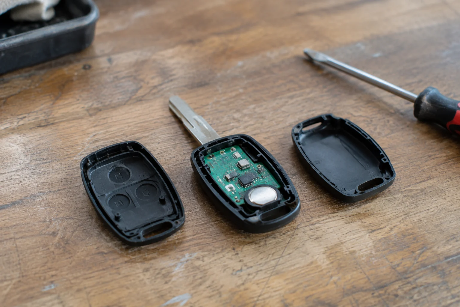 An opened car key fob shows its housing pieces and circuit board.