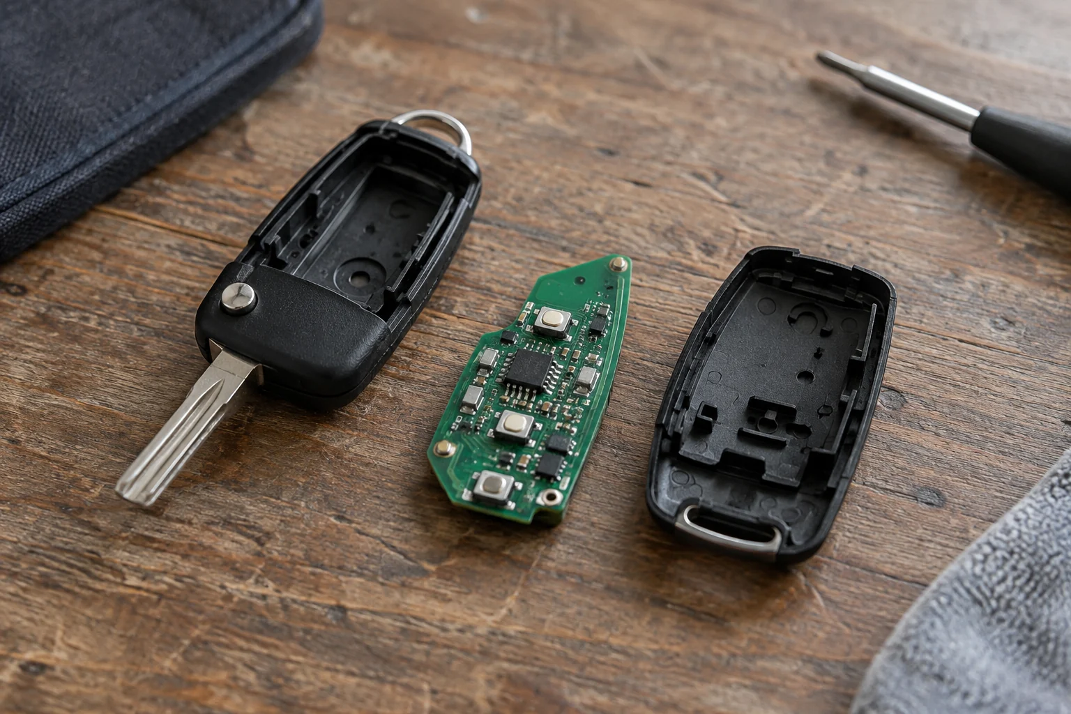 Opened car key fob casing with its circuit board beside the case halves.