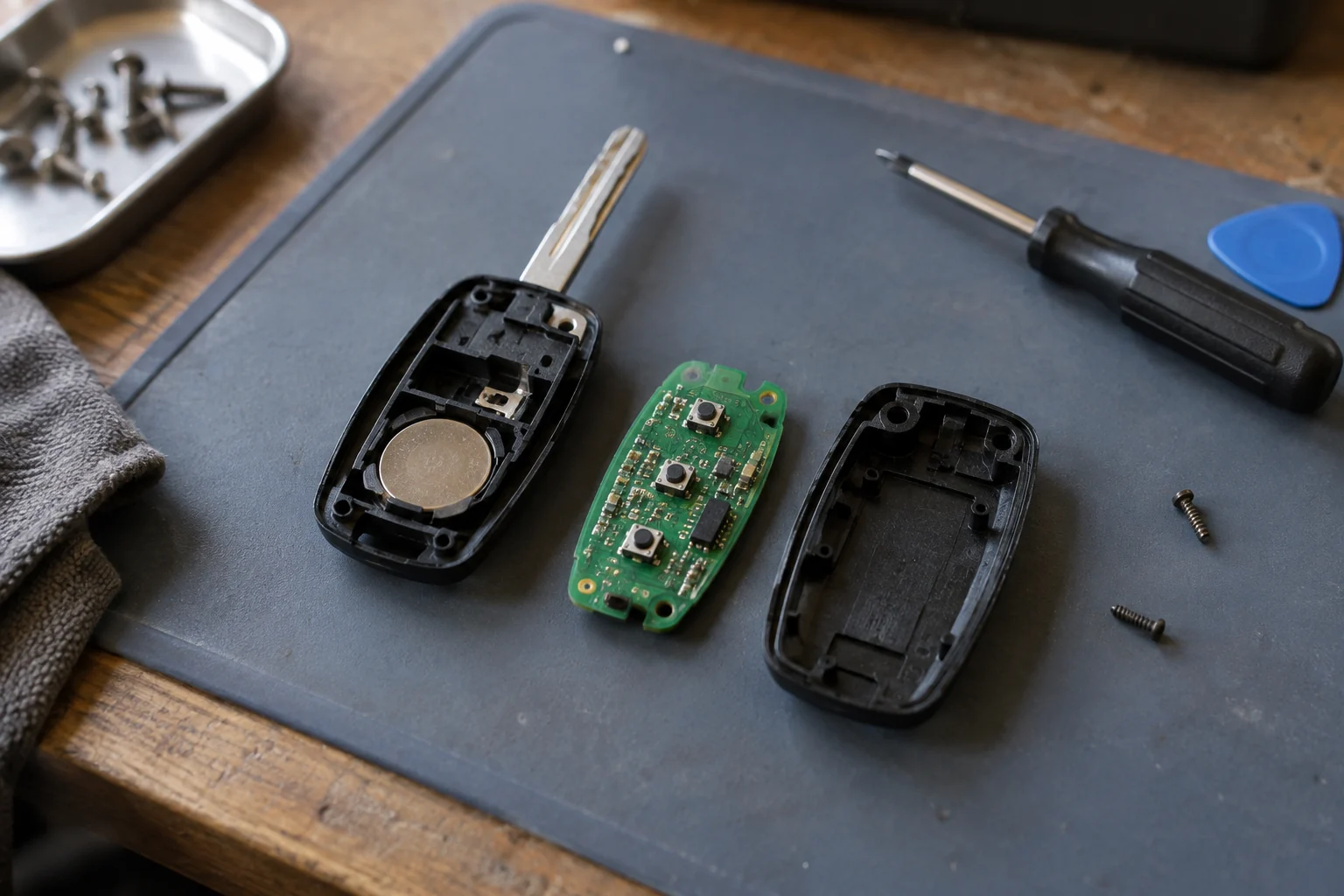 An opened car key fob with its circuit board and case pieces laid out on a repair mat.