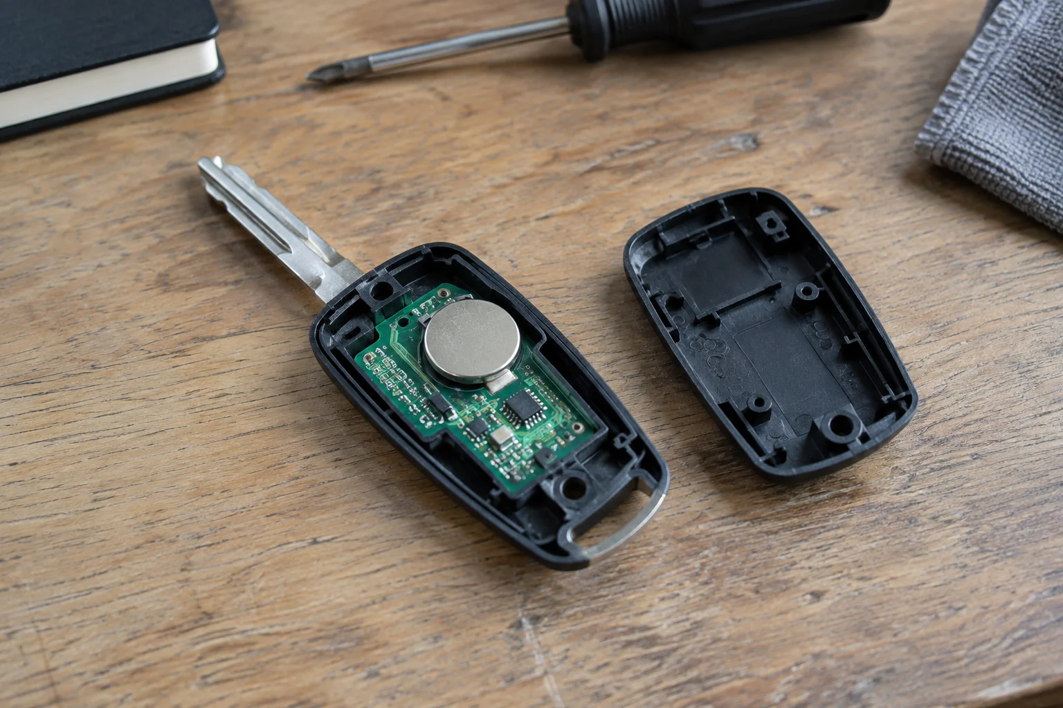 An opened original key fob showing its circuit board and battery.