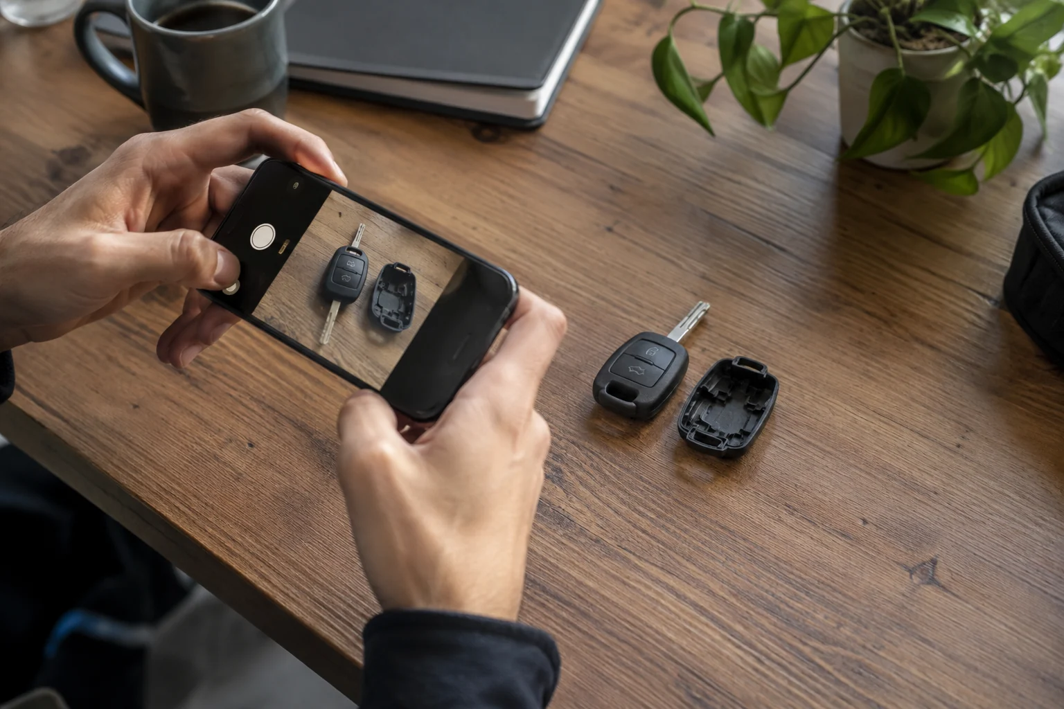 A person photographs an opened automotive key fob housing without handling its interior.